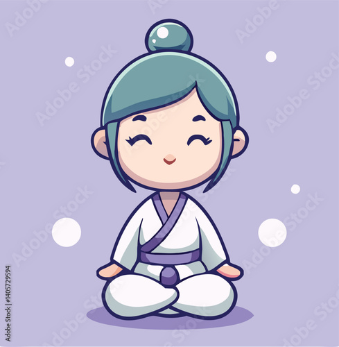 Cute Cartoon Girl Meditating In Lotus Position Wearing A Karate Gi