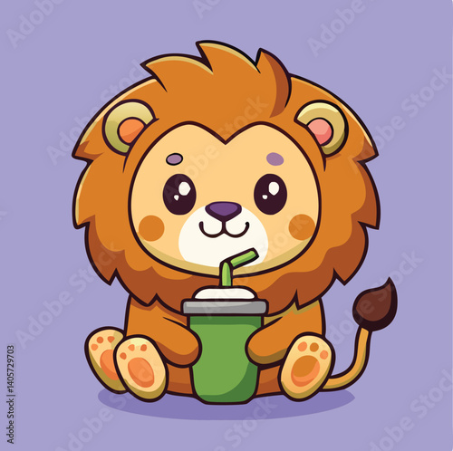 Cute Lion Cub Cartoon Character Enjoying A Drink With A Straw