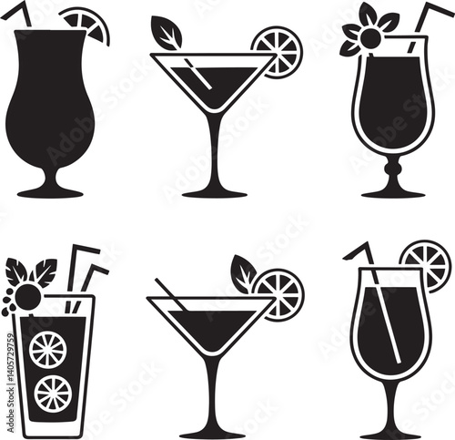 Alcoholic cocktails silhouette vector illustration isolated On Transparent Background