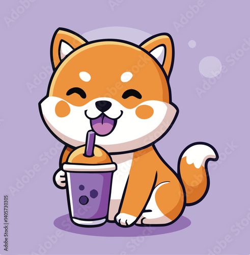 Cute Shiba Inu Cartoon Character Enjoying Boba Tea Drink Illustration