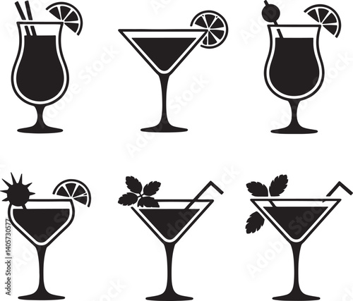 Alcoholic cocktails silhouette vector illustration isolated On Transparent Background