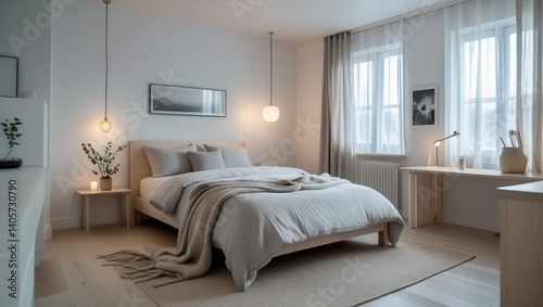 A Scandinavian bedroom features a wooden bed with neutral linens, sleek nightstands, light wood floors, a woven rug, sheer curtains, greenery, modern art, pendant lighting, and abundant natural light.