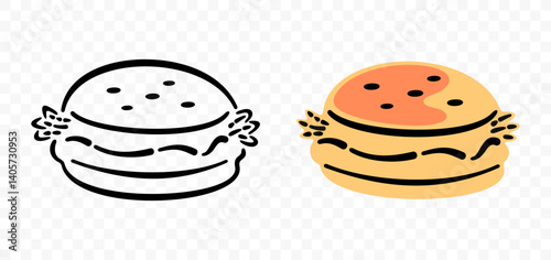 Burger, layered bun, patty, lettuce, tomato and cheese, graphic design. Fast food, food, meal, eat and eating , vector design and illustration