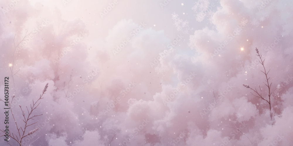 Soft pastel clouds with delicate snowflakes create serene winter atmosphere Soft pastel clouds with delicate snowflakes create serene winter atmosphere