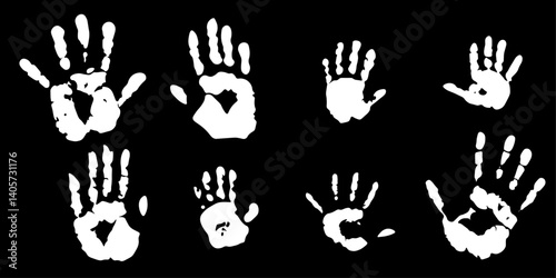 Handprints, white handprints on black background. Fingerprints. Hand scan. Handprints of the whole family
