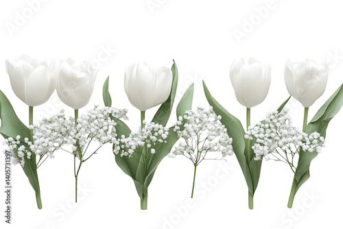 A serene row of pristine, white tulip blooms nestled among delicate, lacy baby's breath against a transparent background