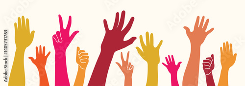 Raised hands. People raising hand at the concert. Colorful Silhouettes of hands making gestures on concert crowd. Teamwork, collaboration, voting, volunteering concert. Vector illustration