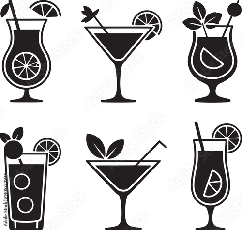 Alcoholic cocktails silhouette vector illustration isolated On Transparent Background