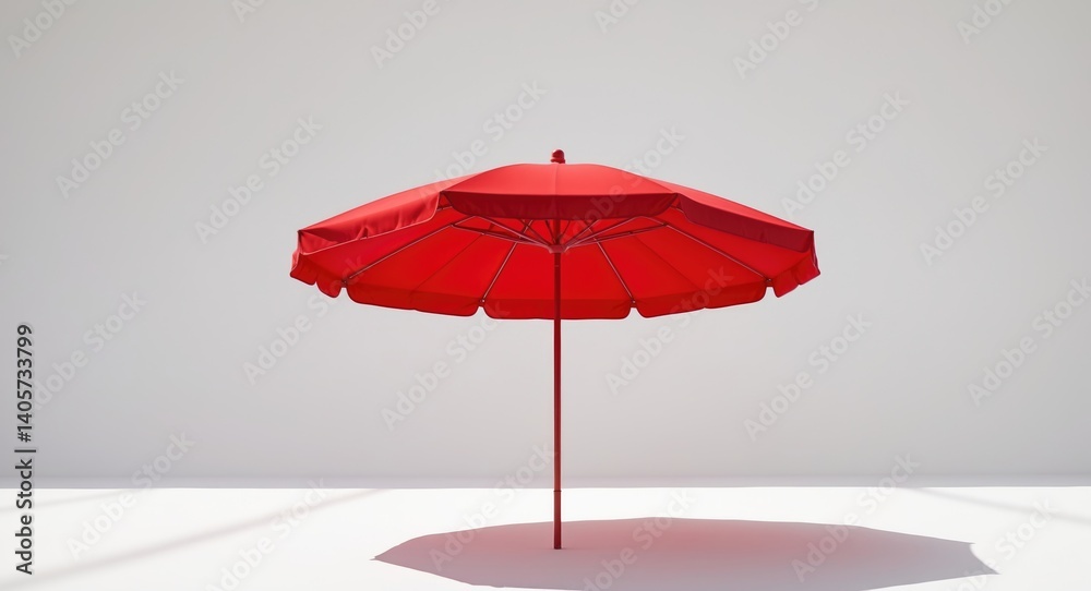 Fototapeta premium Red beach umbrella on a white surface, featuring a clipping path.