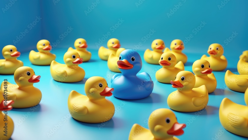 Racism, xenophobia, bullying theme: a group of rubber ducks facing various directions