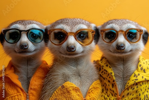 Three stylish meerkats in colorful jackets and sunglasses posed against a bright orange background