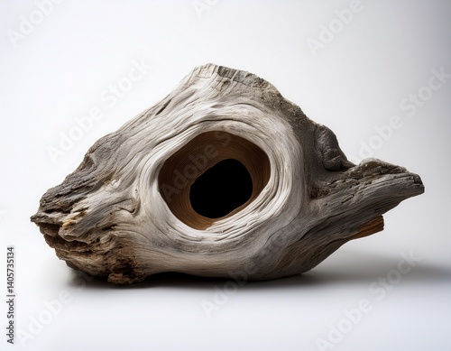 hag stone piece of driftwood with natural hole on the white background naturers art mystical and spiritual symbolism luck and protection copy space