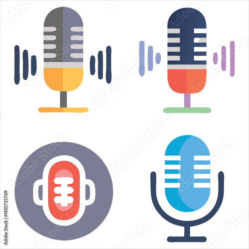 Microphone Icon Set Featuring Sound Waves, Volume Bar, Equalizer, and Voice Recording Symbols

