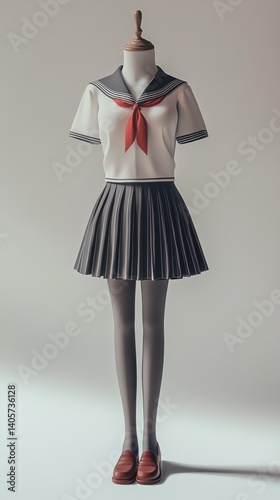 A traditional school uniform displayed on a mannequin in soft lighting. 3d soft pastel pop
