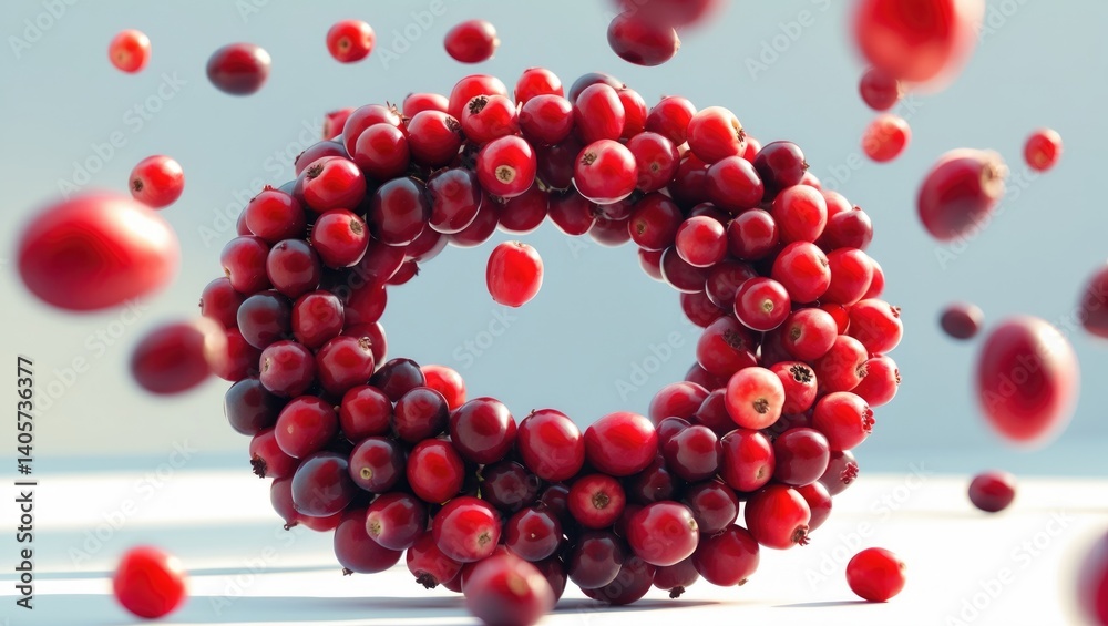 Obraz premium Floating red cranberry berries on a backdrop