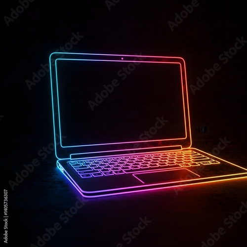 Futuristic Neon-Outlined Laptops on Dark Backgrounds in a Minimal Tech Style