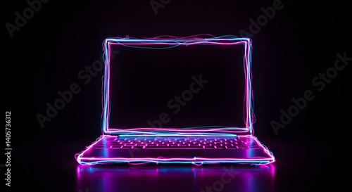 Futuristic Neon-Outlined Laptops on Dark Backgrounds in a Minimal Tech Style