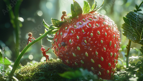 Tiny explorers climbing a giant strawberry and small people