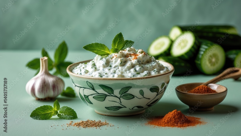 Green background featuring raita or tzatziki sauce made with yogurt, cucumber, and mint.