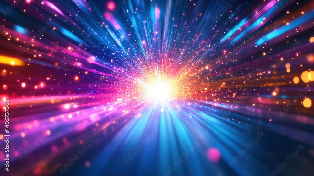 Obraz premium A vibrant, energetic burst of light streaks outwards, creating a dazzling tunnel effect with pink, blue, and gold hues