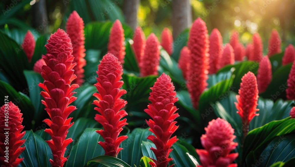 Red Crepe Ginger Field in the Sunlight Red Crepe Ginger Field in the Sunlight