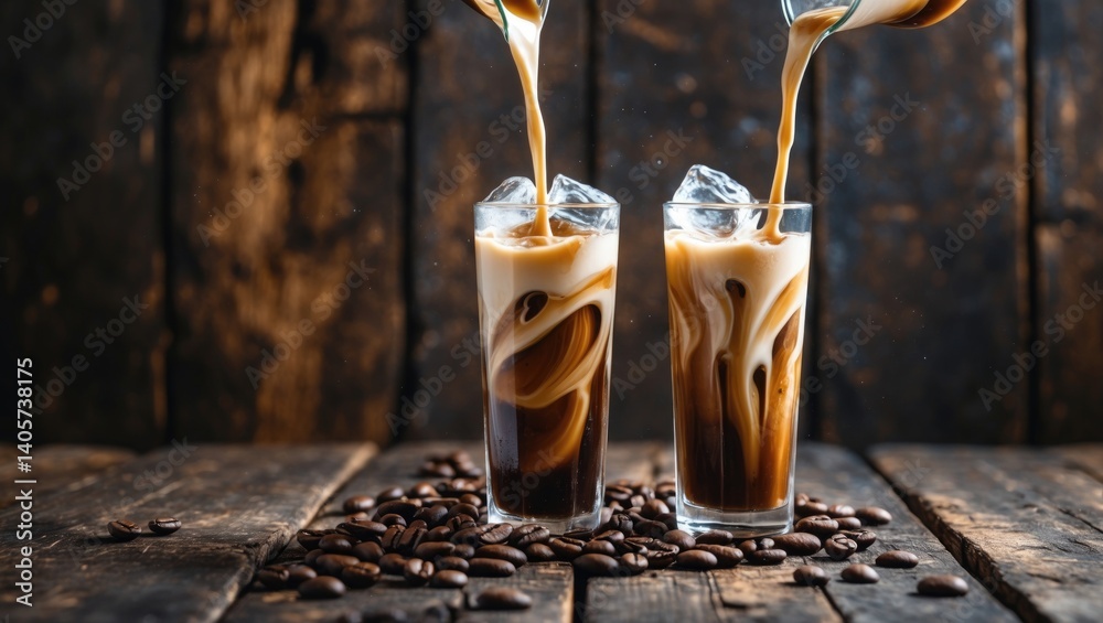 Iced coffee served in a tall glass topped with cream and coffee beans on a rustic wooden table.