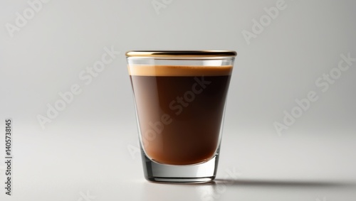 Savory espresso shot is ready for savoring! The transparent shot glass reveals a tempting golden brown crema. Great for coffee lovers wanting to taste real espresso.