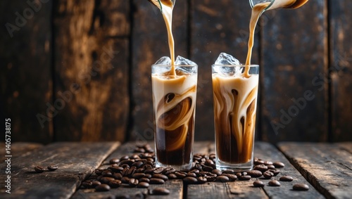 Obraz na płótnie Iced coffee served in a tall glass topped with cream and coffee beans on a rustic wooden table. w salonie