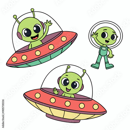 Set of cute alien characters in different poses — waving, smiling, inside UFOs — cartoon vector, isolated
