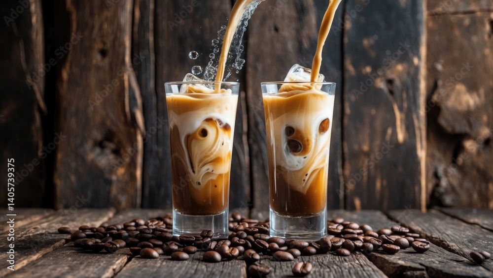 Tall glass of iced coffee with cream and coffee beans on a weathered wooden surface.