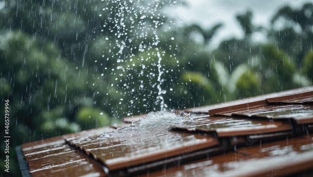 Fototapeta premium Rainwater streaming off the roof in the wet season