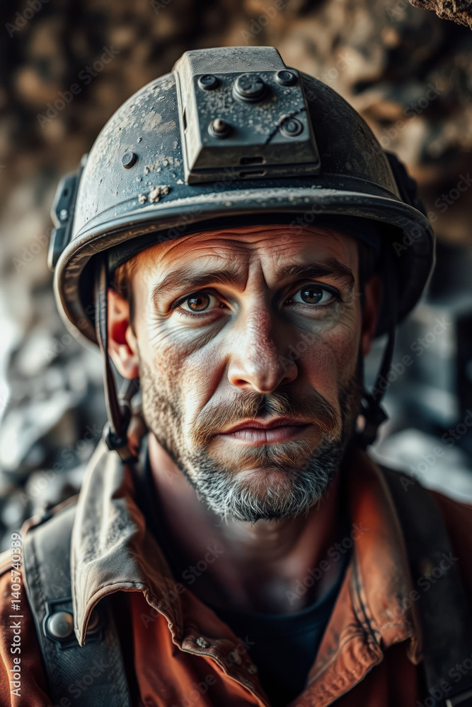 Focused Rescue Worker in a Dusty Mining Helmet Focused Rescue Worker in a Dusty Mining Helmet