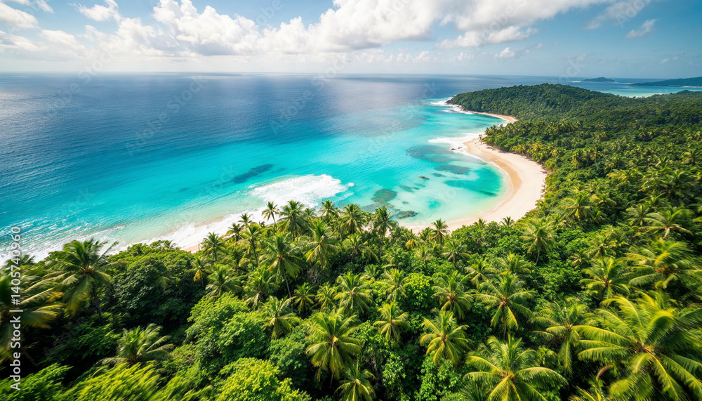 Scenic coastline view with lush greenery or palm trees and vibrant blue ocean under a bright sky Scenic coastline view with lush greenery or palm trees and vibrant blue ocean under a bright sky