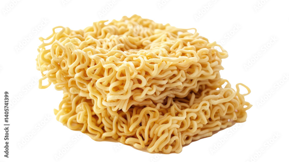 Dried instant noodles layered in a circular pattern on a white background showcasing texture and shape Dried instant noodles layered in a circular pattern on a white background showcasing texture and shape
