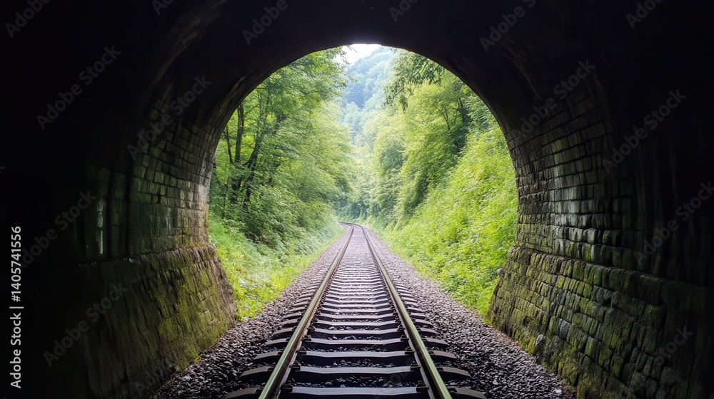 Fototapeta premium Train tunnel exit, forest light, travel hope