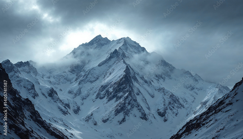 Obraz premium Majestic snow-covered mountains rise under a cloudy sky in a remote region during early morning light