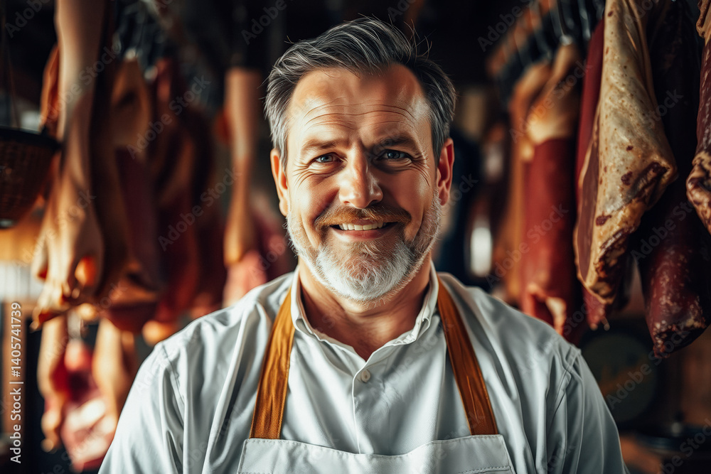 Fototapeta premium Smiling Butcher in a Meat Shop