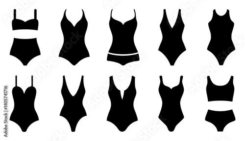 Silhouette set of women’s swimwear icons. Bikini set for girls isolated. Monokini, high waist, strapless, and modern swimsuit styles for summer fashion, Beachwear, or lingerie. Vector Illustration.