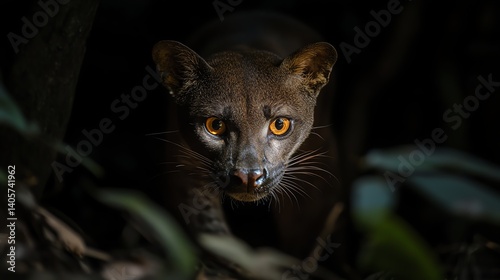 A curious wild animal prowls through darkness, showcasing sharp features and glowing eyes.