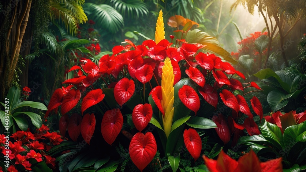 Red anthurium blossoms, tropical setting. Numerous red anthurium flowers in bloom