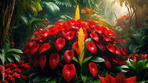 Obraz na płótnie Red anthurium blossoms, tropical setting. Numerous red anthurium flowers in bloom w salonie
