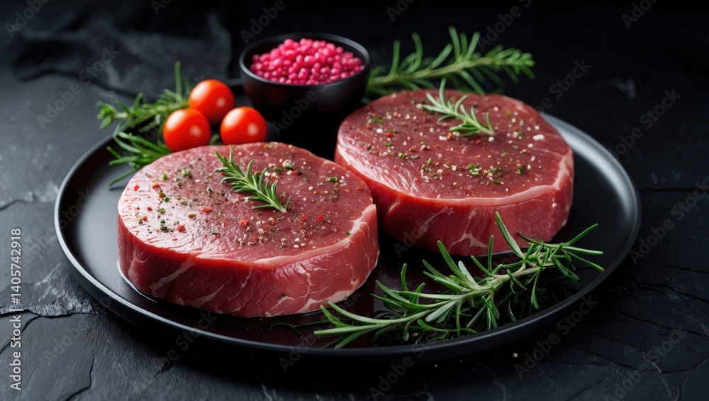 Raw eye round beef steak with seasoning of salt, spices, and herbs prepared for grilling on a textured background Raw eye round beef steak with seasoning of salt, spices, and herbs prepared for grilling on a textured background
