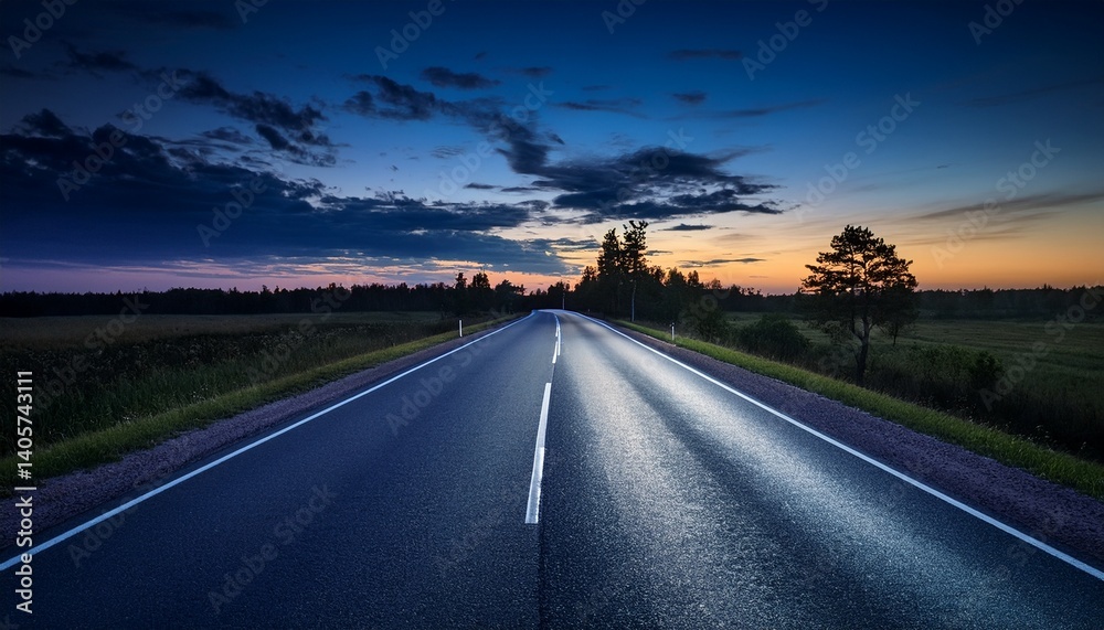 Fototapeta premium A country asphalt road at night Latvia