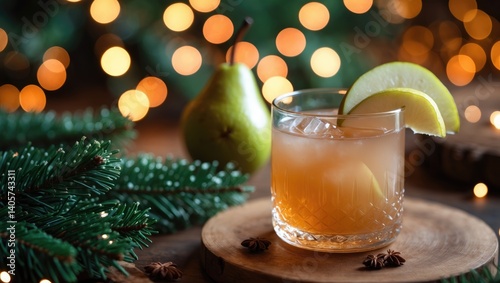Festive cocktail beverages for the holidays. Toddy. Spiced pear cider or mulled tea or grog with lemon and pear.