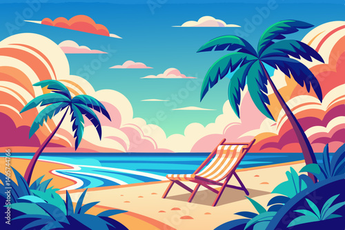 Illustration of a beach scene with palm trees, a beach chair, ocean waves, and colorful clouds above