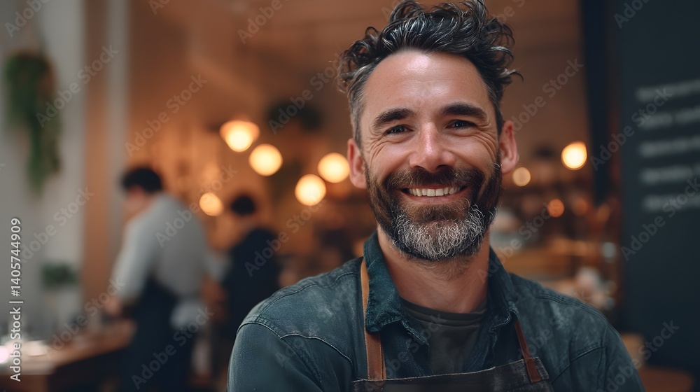 Fototapeta premium Happy Male Restaurant Owner Smiling Brightly in Cozy Dining Space with Customers in Background