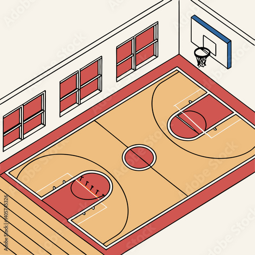 Basketball Court Layout – Indoor Wooden Floor with Hoops and Lines – Flat Vector Design