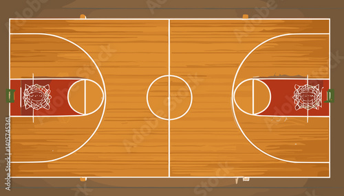 Basketball Court Layout – Indoor Wooden Floor with Hoops and Lines – Flat Vector Design