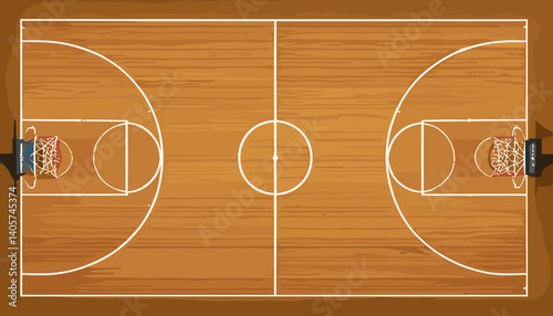 Basketball Court Layout – Indoor Wooden Floor with Hoops and Lines – Flat Vector Design