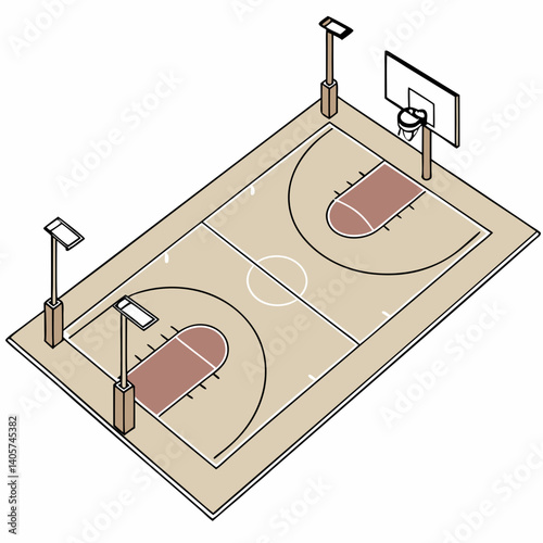 Basketball Court Layout – Indoor Wooden Floor with Hoops and Lines – Flat Vector Design